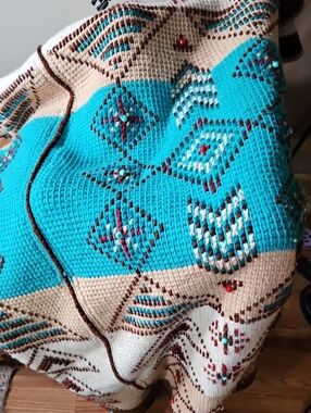 Turquoise & Cream Crochet Throw Blanket - Unbranded